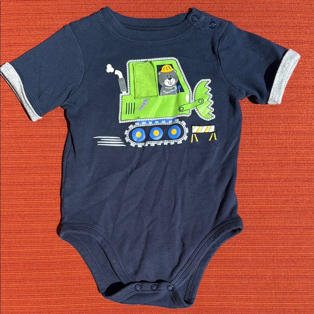 Peekaboo Blue Bulldozer Onsie With Bear and Elephant. Snap Neck